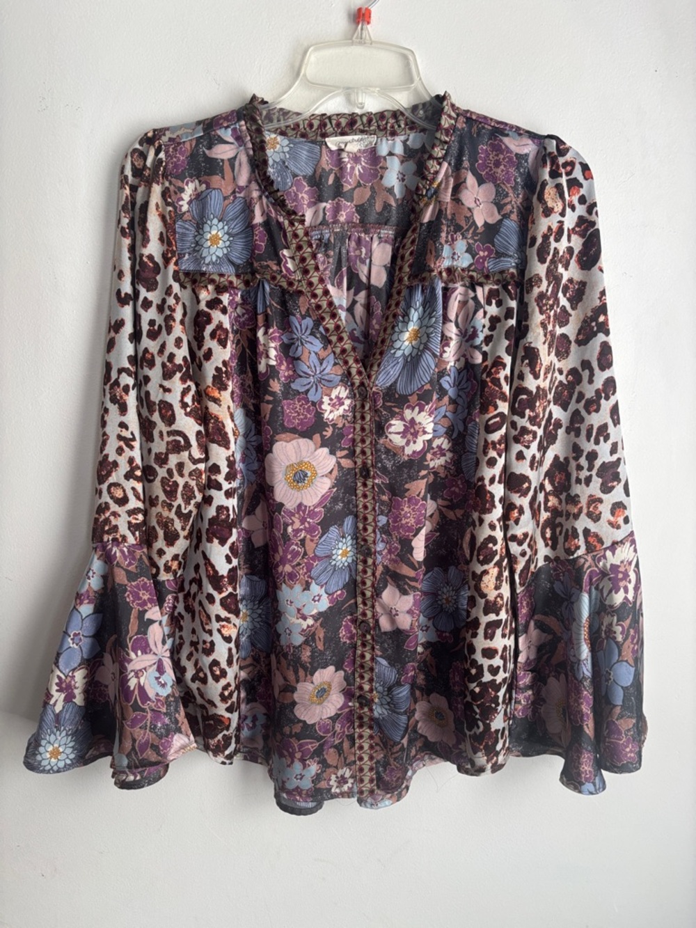 Mystree Mixed Floral & Leopard Print Peasant Blouse - Pink & Purple Sz S